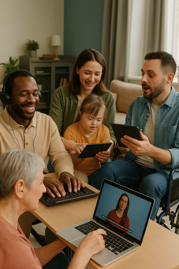 A diverse group of people of different ages and abilities sit together around a table using various digital devices. A man wearing headphones types on a keyboard, a young girl with Down syndrome interacts with a tablet with the help of a woman behind her, and a man holds another tablet.