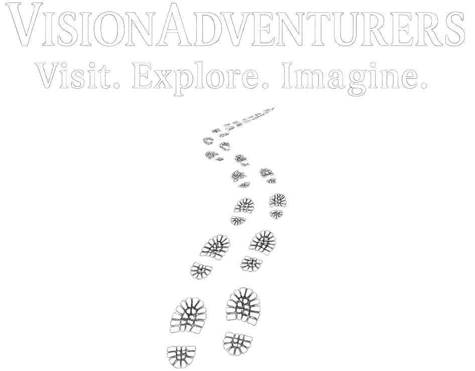 Vision Adventurers logo The website logo has the name Vision Adventurers in bold caps. Immediately under this text is the site’s tagline Visit. Explore. Imagine. The final element is an image of winding footprints moving toward the text from below. The steps signify life’s winding road and the Vision Adventurer’s journey.
