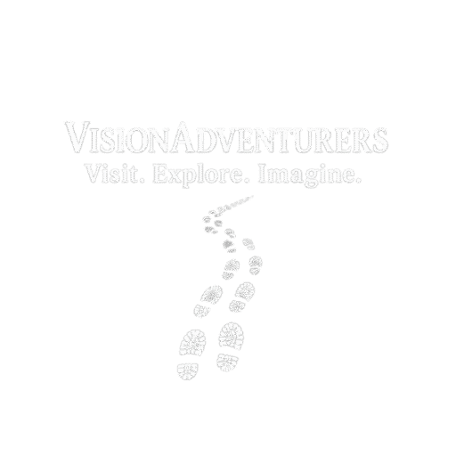 Vision Adventurers logo The website logo has the name Vision Adventurers in bold caps. Immediately under this text is the site’s tagline Visit. Explore. Imagine. The final element is an image of winding footprints moving toward the text from below. The steps signify life’s winding road and the Vision Adventurer’s journey.